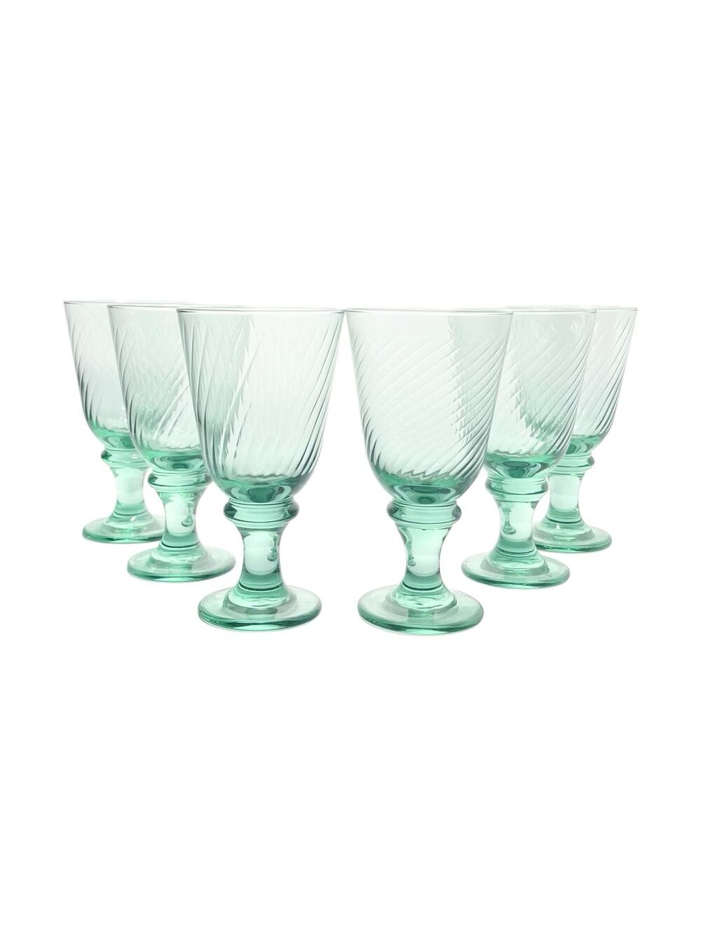 Vintage Set of 6 Green Swirl Optic Wine, Water or All Purpose Glasses 7” 14oz